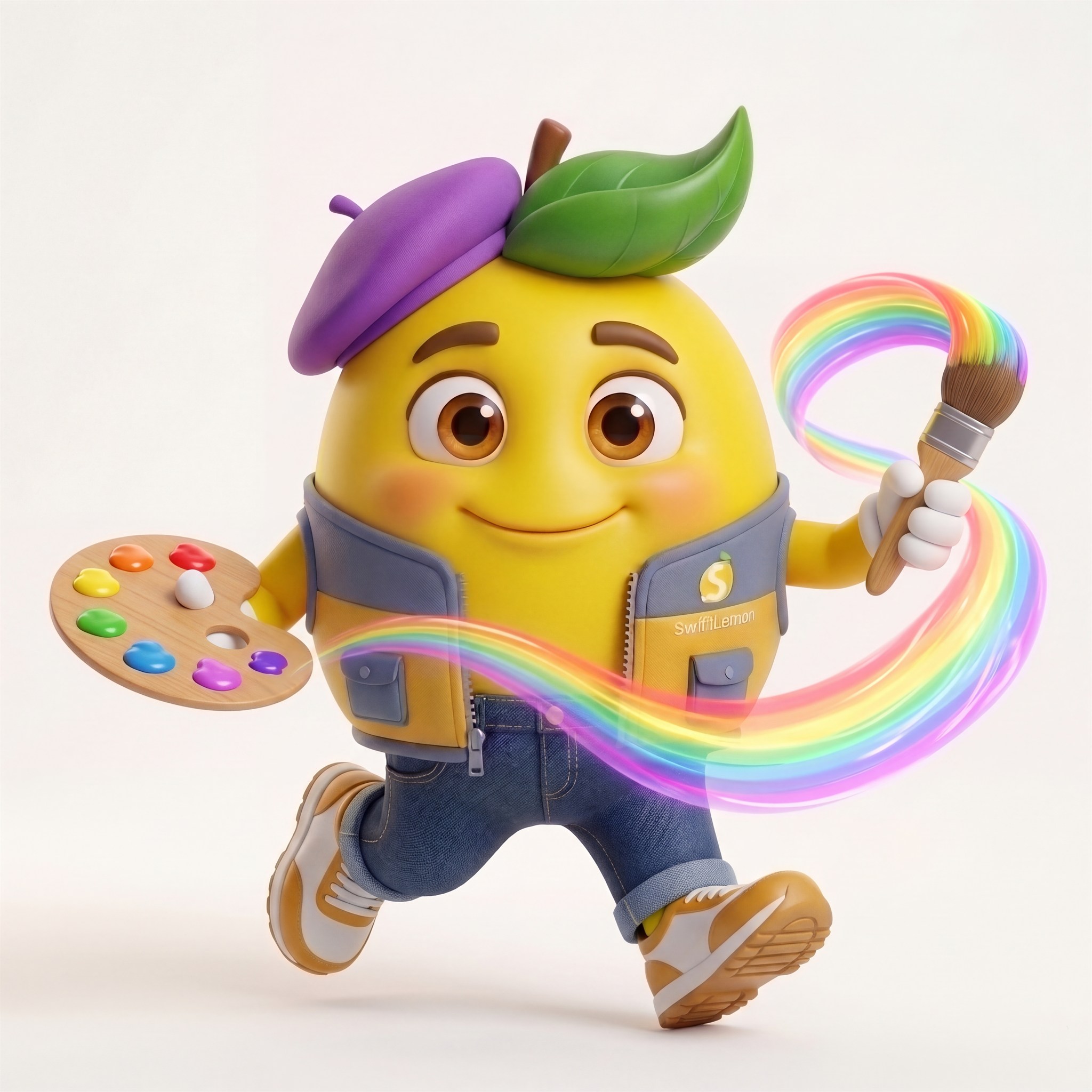 SwiftLemon mascot wearing a purple artist beret and painting a glowing rainbow SVG wave