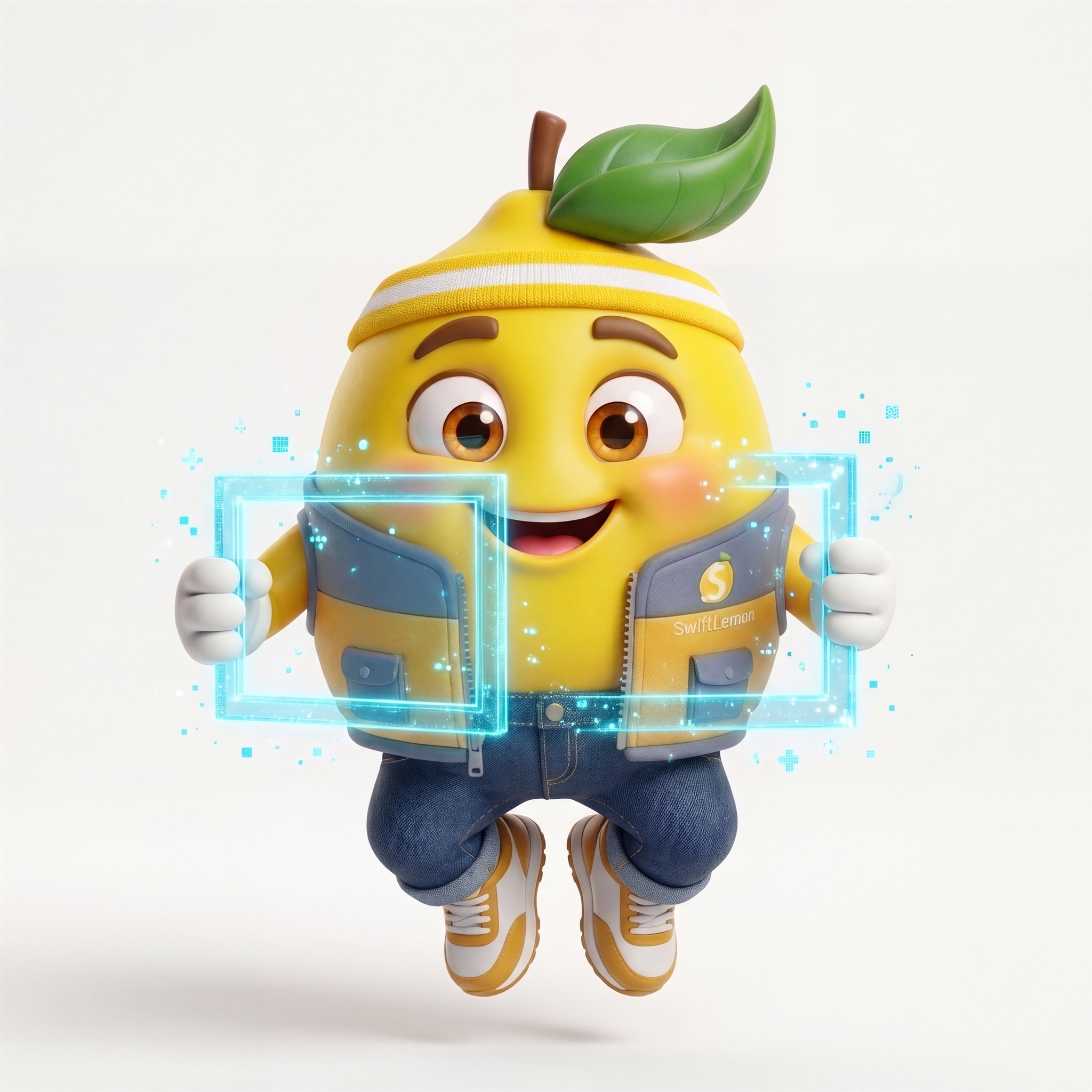SwiftLemon mascot jumping in mid-air and compressing a glowing digital photo frame