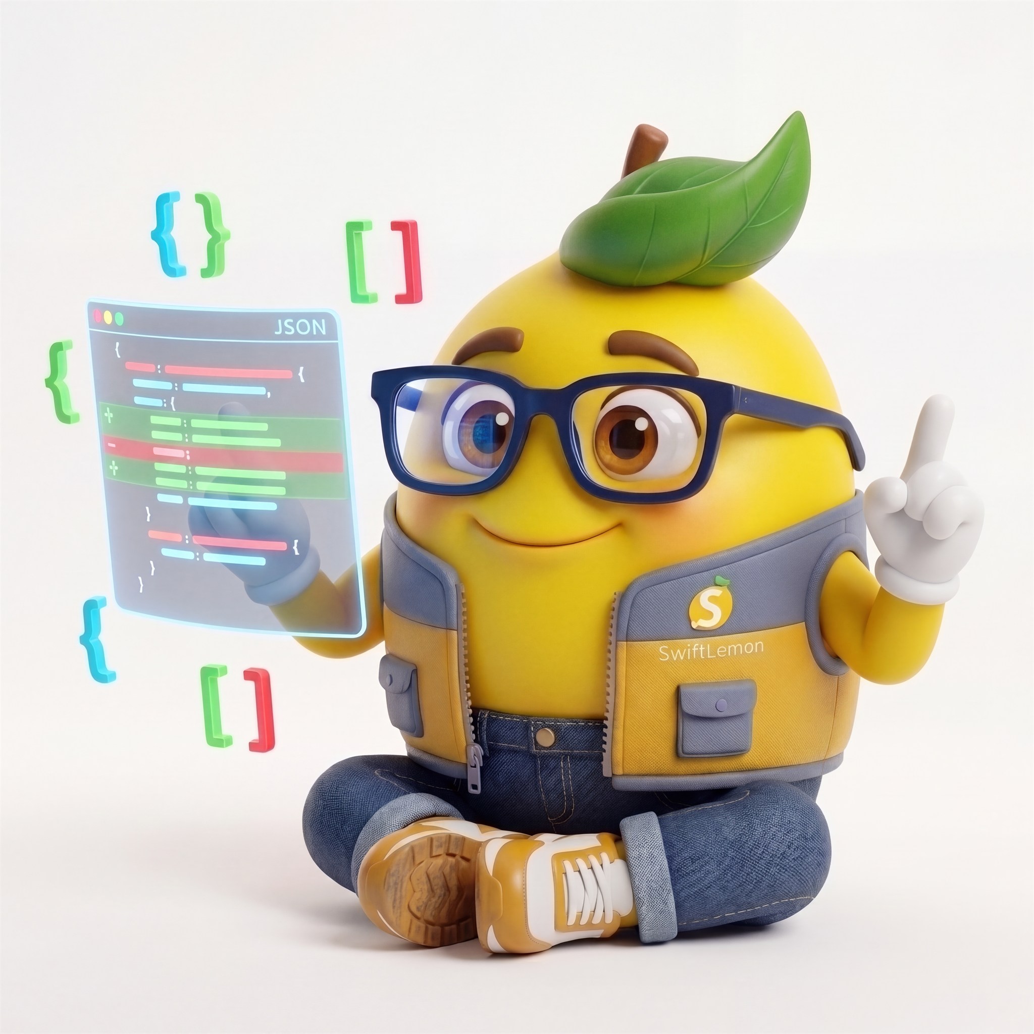 SwiftLemon mascot sitting cross-legged with coder glasses inspecting a holographic JSON diff screen