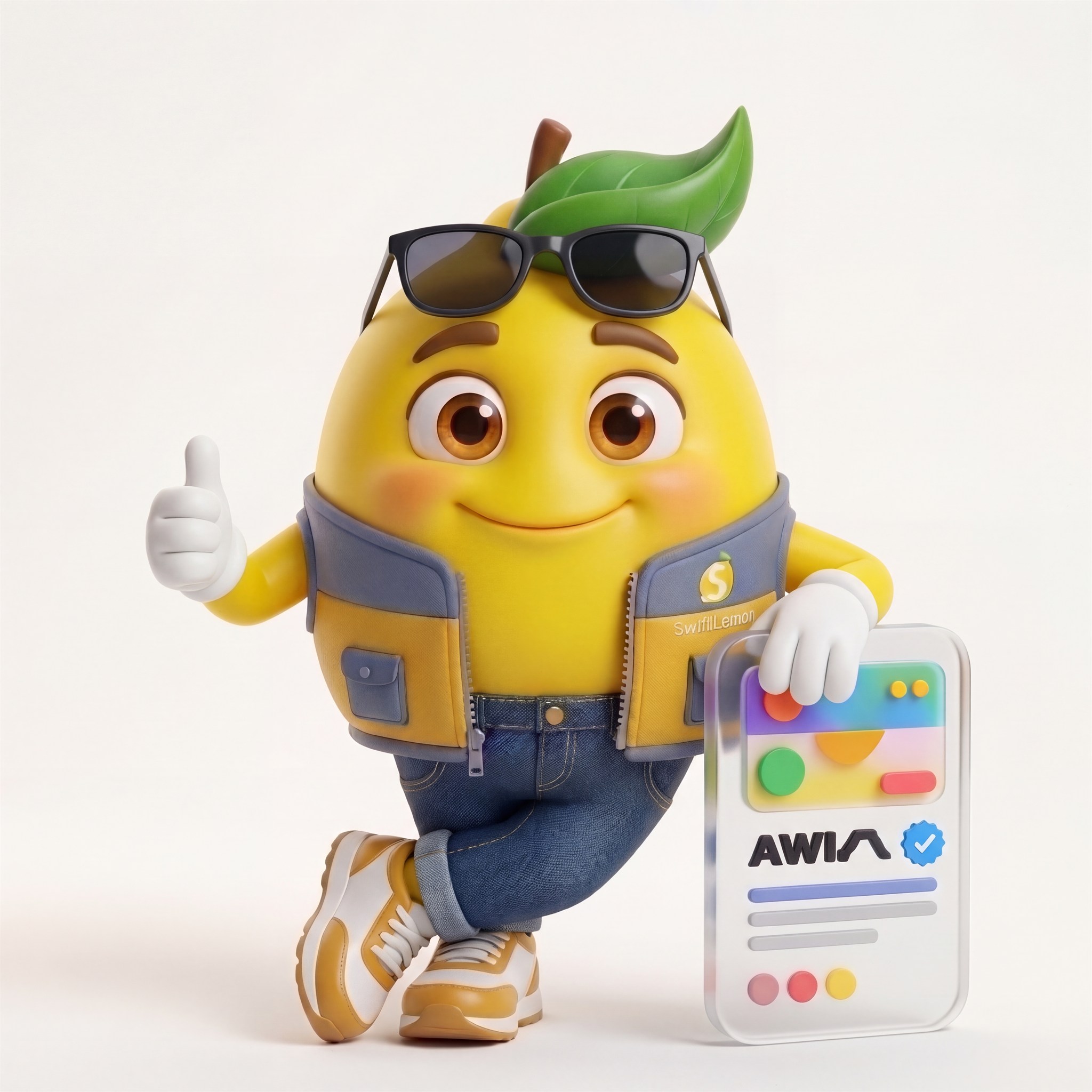 SwiftLemon mascot leaning casually against a 3D glowing social media preview card giving a thumbs-up